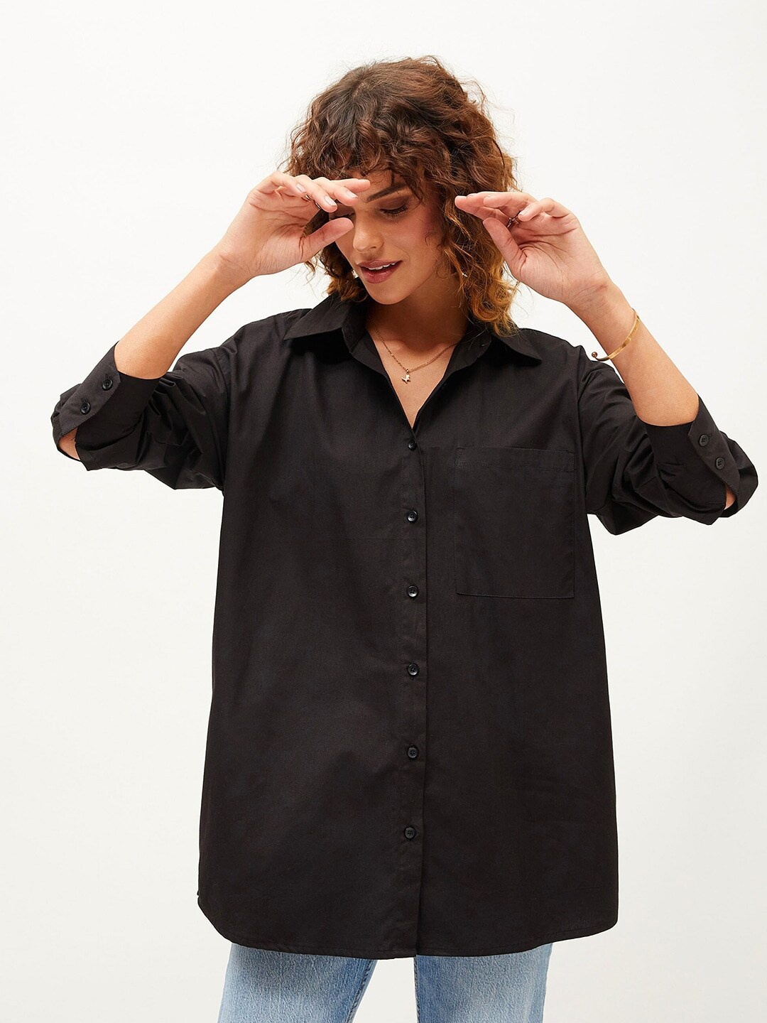 

Fab Star Classic Pure Cotton Oversized Casual Shirt, Black