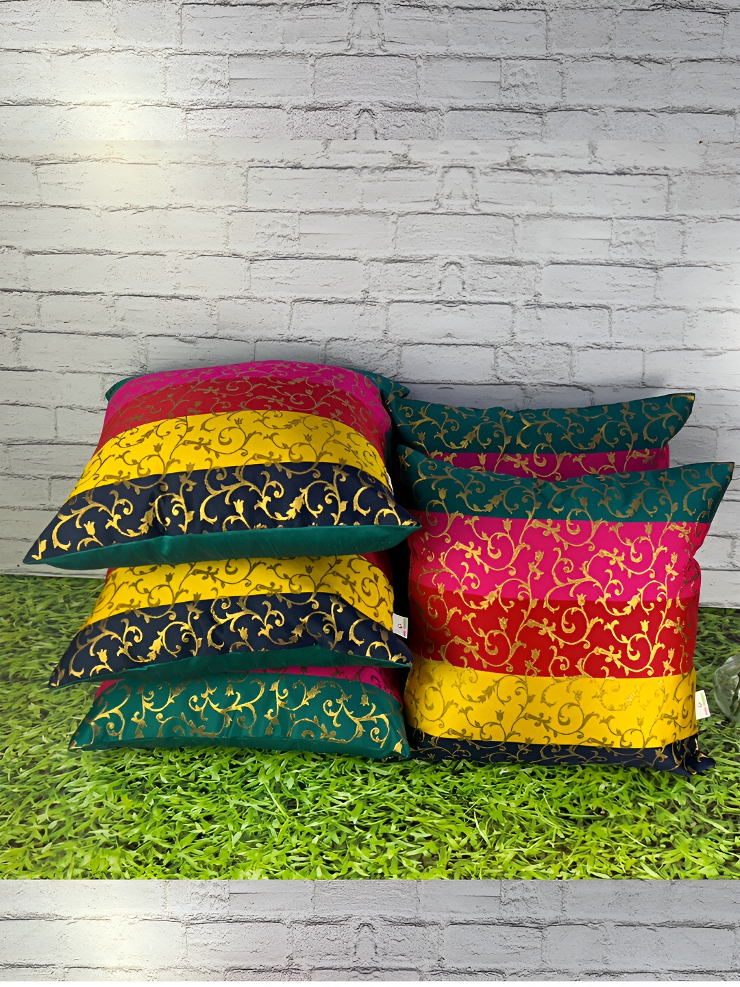 

Pink Parrot Blue & Red 5 Pieces Floral Jacquard Silk Square Cushion Covers