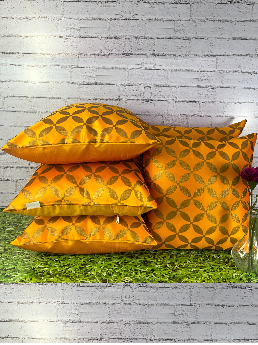 

Pink Parrot Yellow & Beige 5 Pieces Geometric Zari Square Cushion Covers