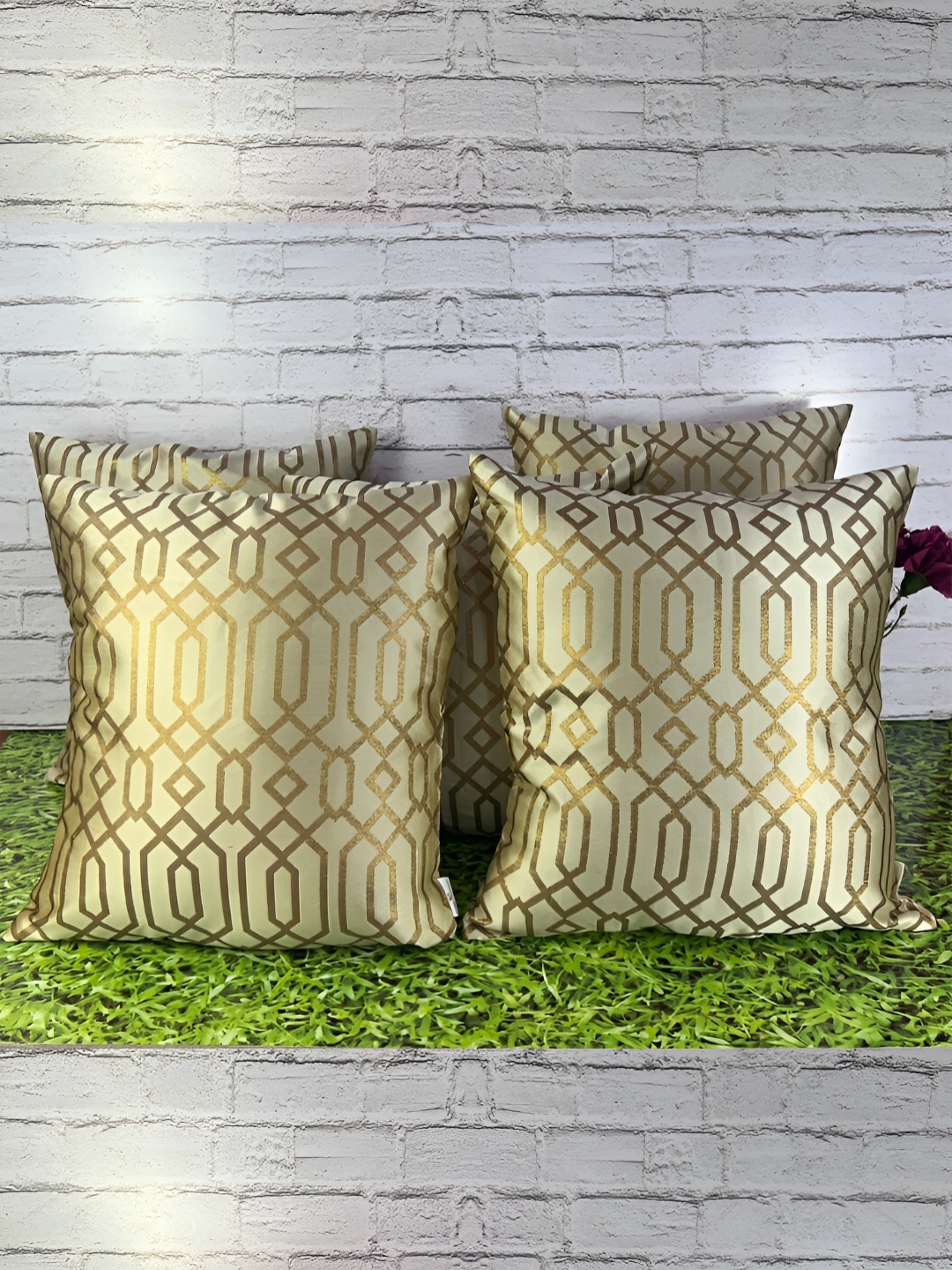 

Pink Parrot Beige 5 Pieces Geometric Jacquard Silk Square Cushion Covers