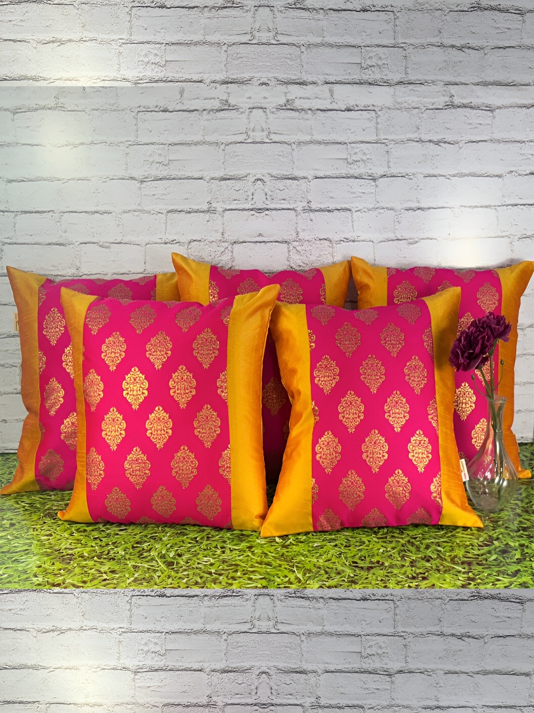 

Pink Parrot Yellow & Pink 5 Pieces Ethnic Motifs Zari Square Cushion Covers