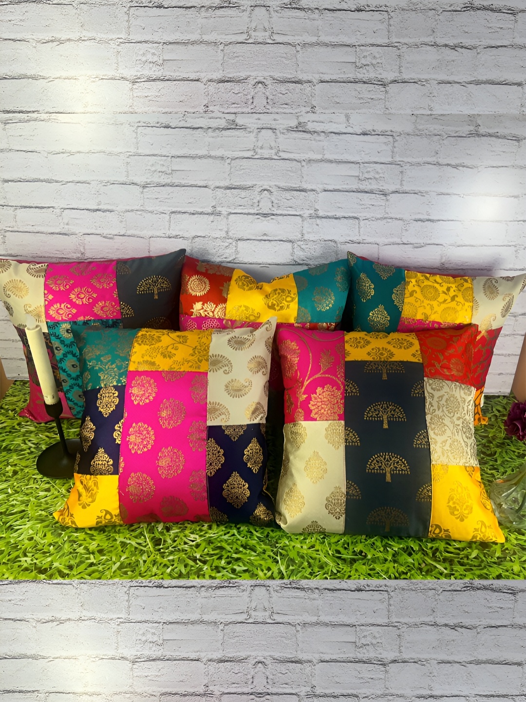 

Pink Parrot Pink & Green 5 Pieces Ethnic Motifs Jacquard Silk Square Cushion Covers