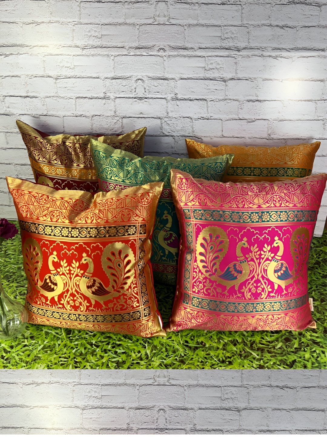 

Pink Parrot Green & Yellow 5 Pieces Ethnic Motifs Zari Square Cushion Covers