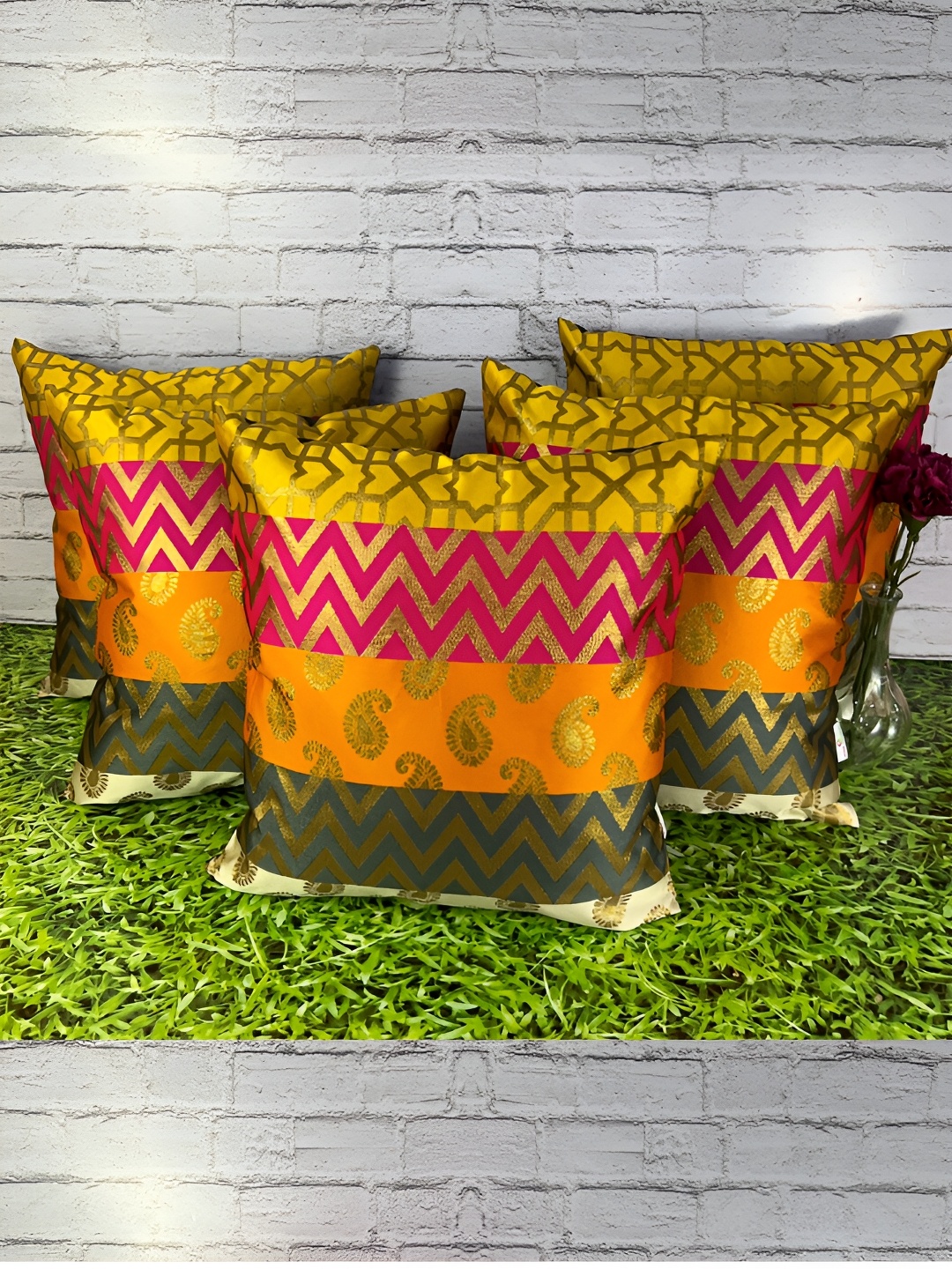 

Pink Parrot Pink & Yellow 5 Pieces Ethnic Motifs Zari Square Cushion Covers