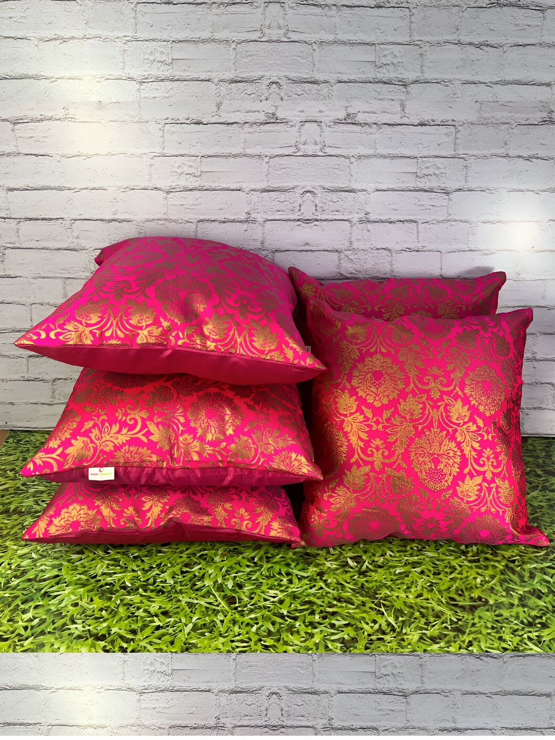 

Pink Parrot Pink & Beige 5 Pieces Ethnic Motifs Jacquard Silk Square Cushion Covers
