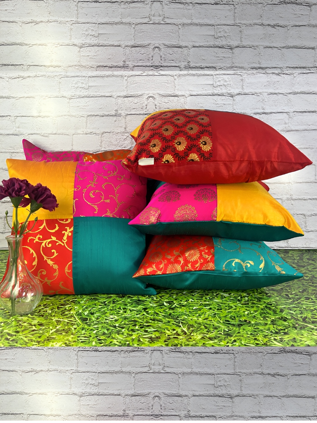

Pink Parrot Yellow & Blue 5 Pieces Ethnic Motifs Jacquard Silk Square Cushion Covers