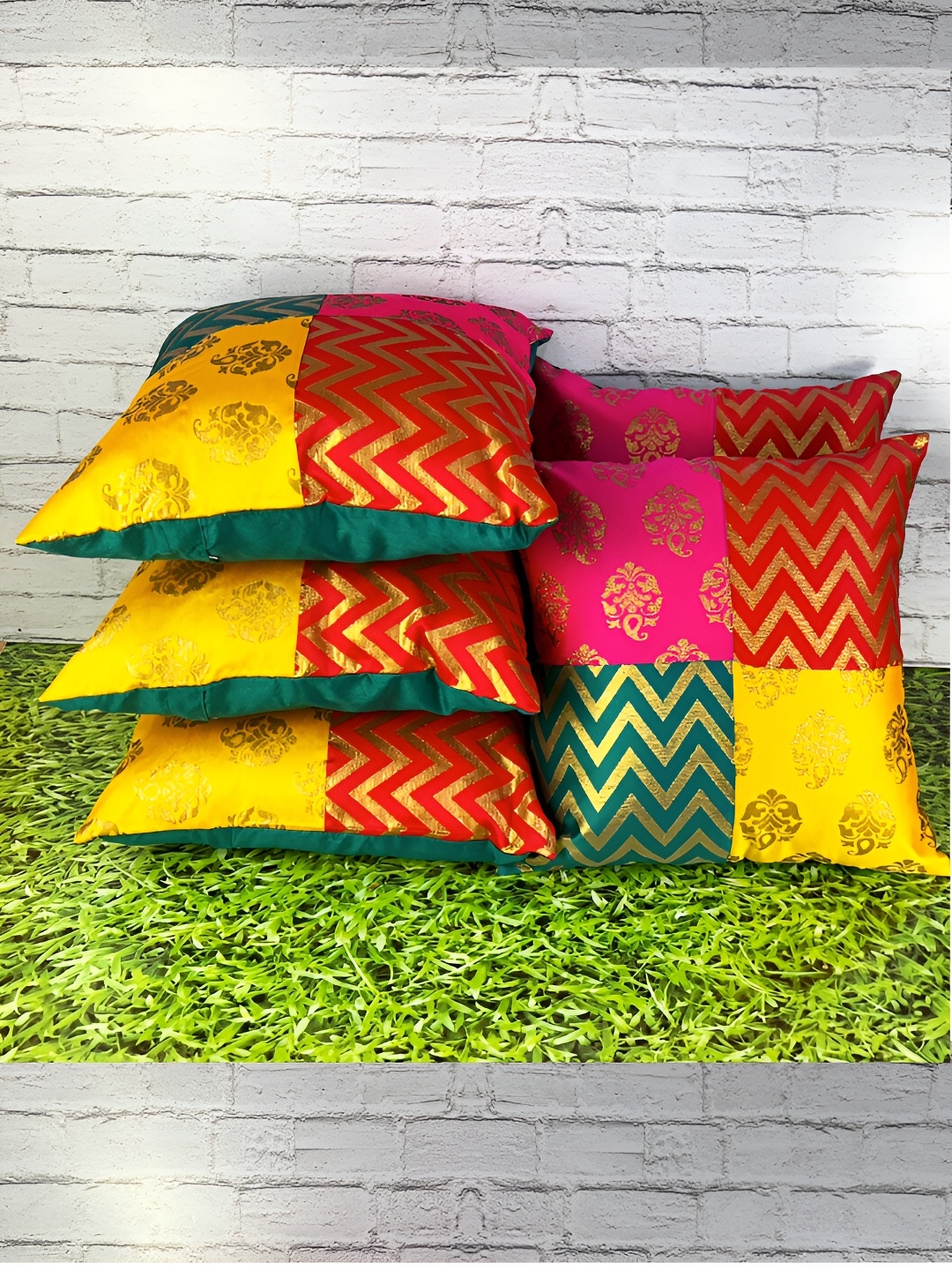 

Pink Parrot Pink & Green 5 Pieces Ethnic Motifs Zari Square Cushion Covers