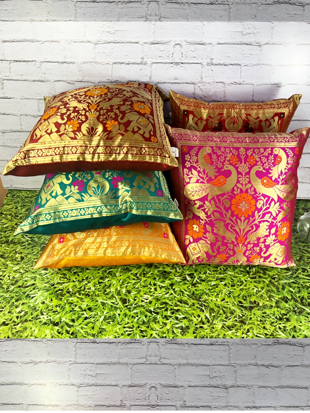 

Pink Parrot Pink & Green 5 Pieces 5 Ethnic Motifs Jacquard Silk Square Cushion Covers