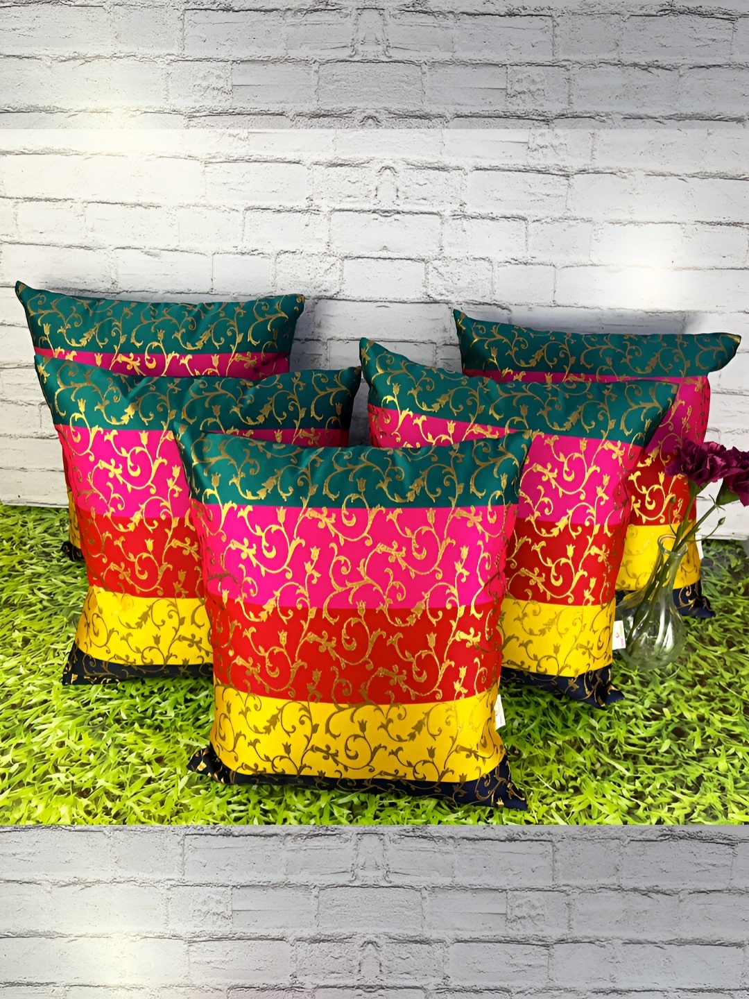 

Pink Parrot Pink & Red 5 Pieces Ethnic Motifs Jacquard Silk Square Cushion Covers