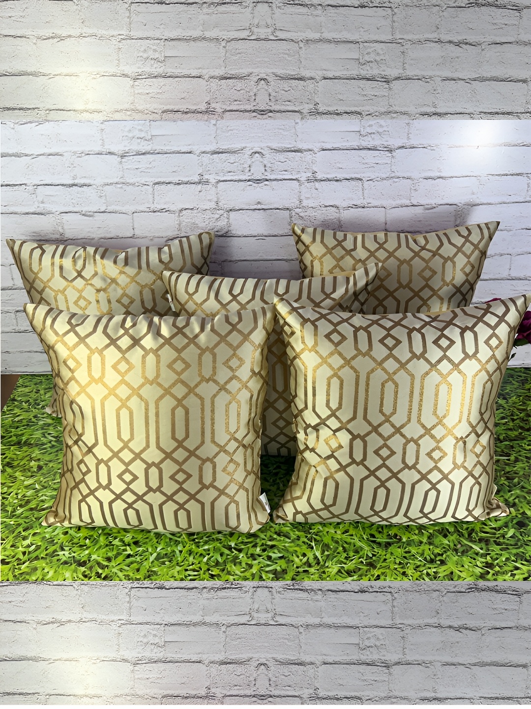 

Pink Parrot Cream & Beige 5 Pieces Geometric Zari Square Cushion Covers