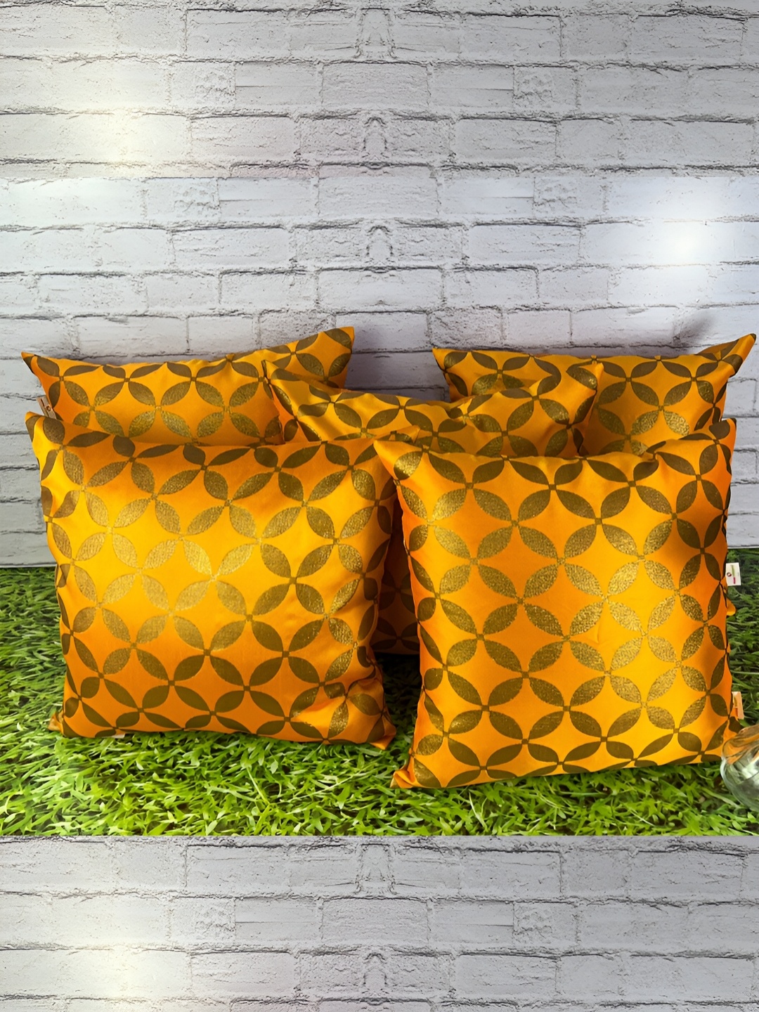 

Pink Parrot Yellow & Beige 5 Pieces Geometric Printed Zari Square Cushion Covers