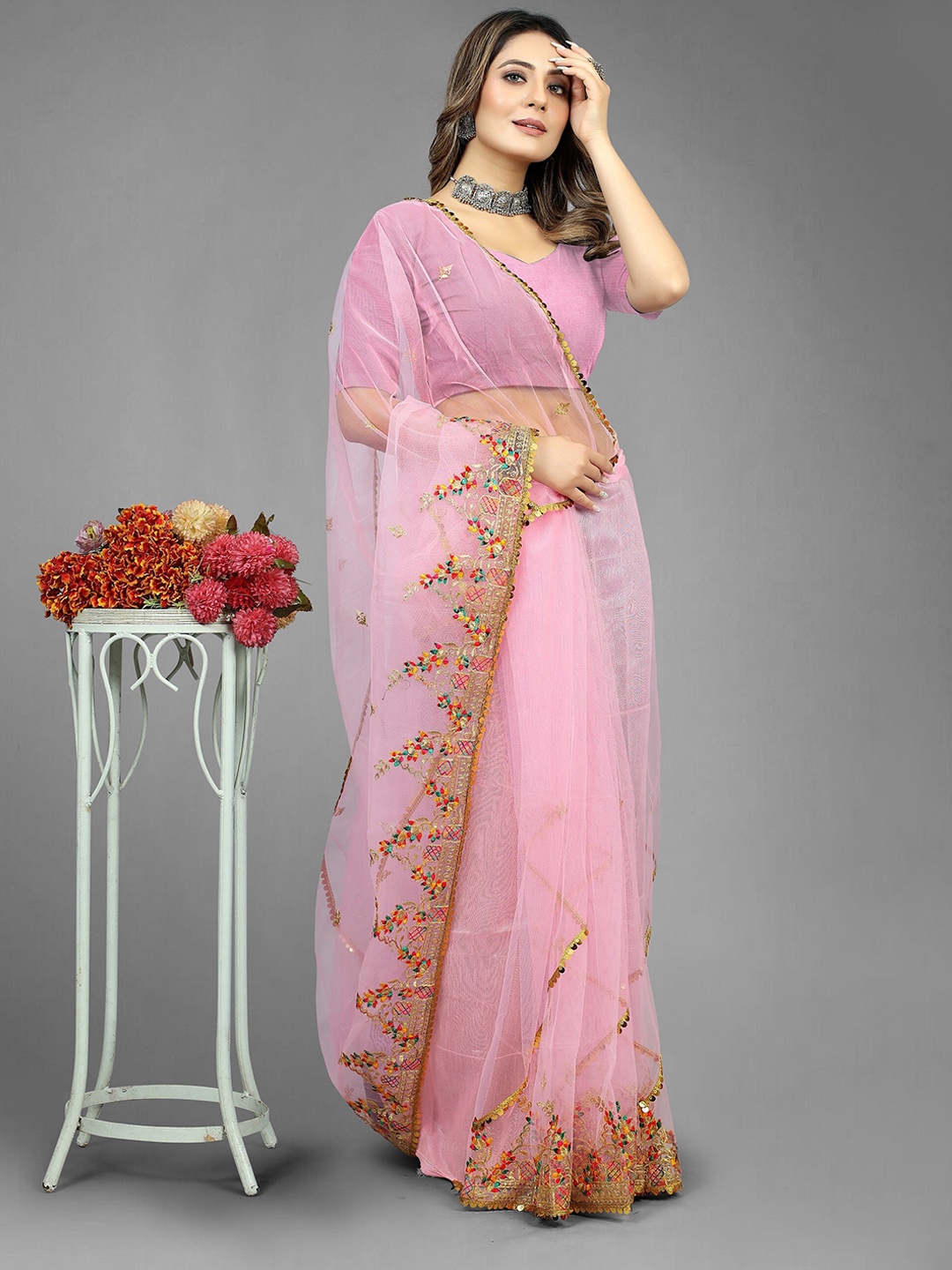 

BARKIYA CREATION Embellished Beads & Stones Net Saree, Pink