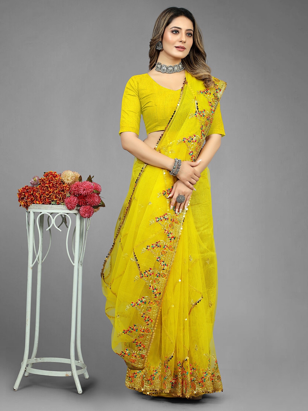 

BARKIYA CREATION Embellished Beads & Stones Net Saree, Yellow