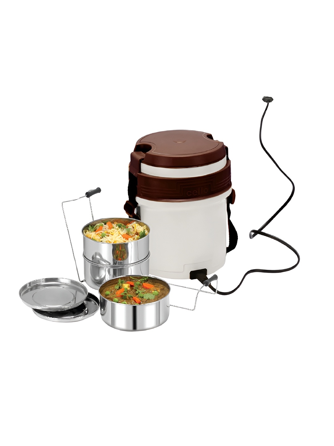 

Cello Newton Brown & White 3 Pieces Stainless Steel Electric Lunch Box 275 ml