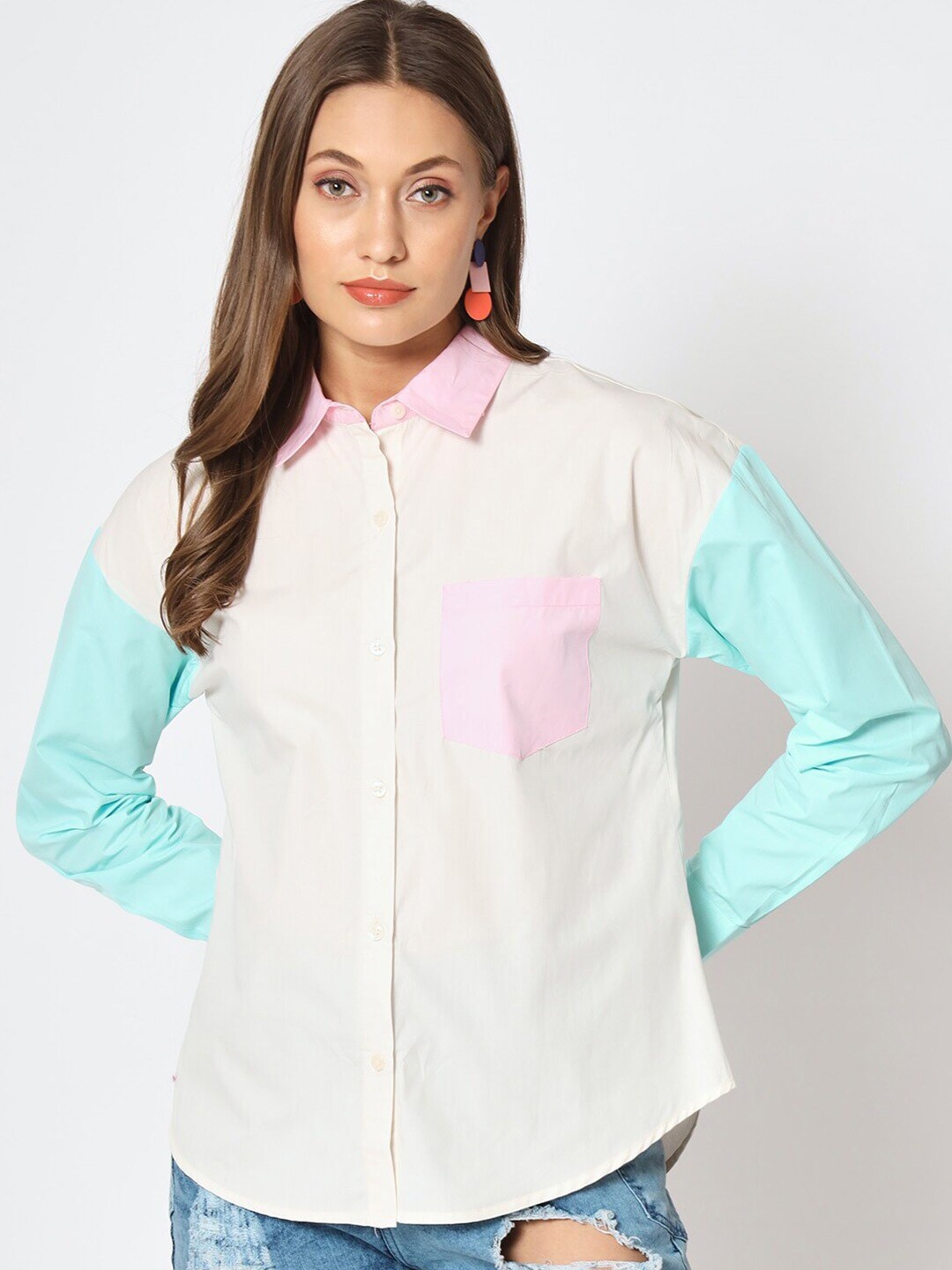 

Fab Star Women Classic Boxy Opaque Colourblocked Casual Shirt, White