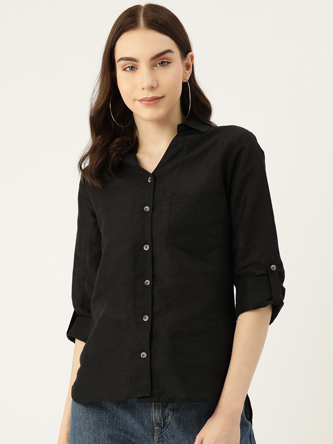 

Fab Star Classic Oversized Roll Up Sleeves Pure Cotton Casual Shirt, Black