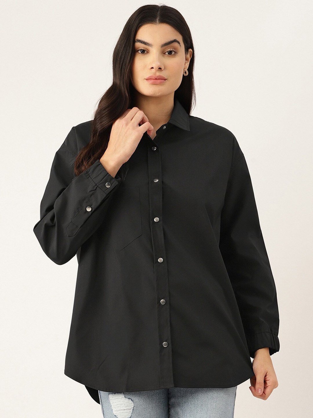 

Fab Star Classic Oversized Spread Collar Long Sleeves Pure Cotton Casual Shirt, Black