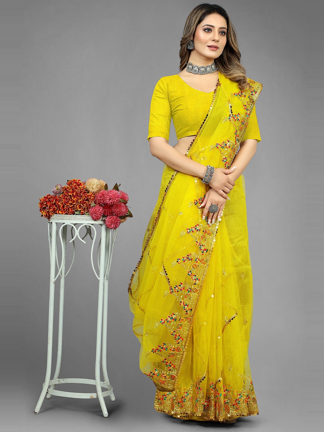 

BARKIYA CREATION Ethnic Motifs Embroidered Net Lace Saree, Yellow