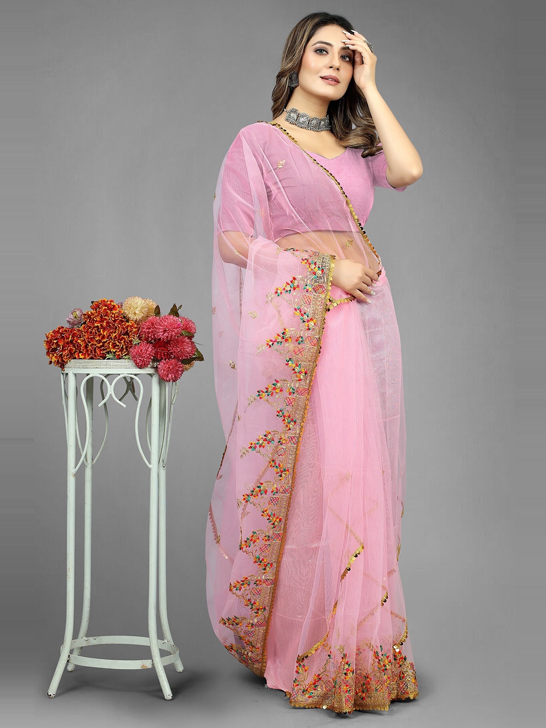 

BARKIYA CREATION Ethnic Motifs Embroidered Net Lace Saree, Pink