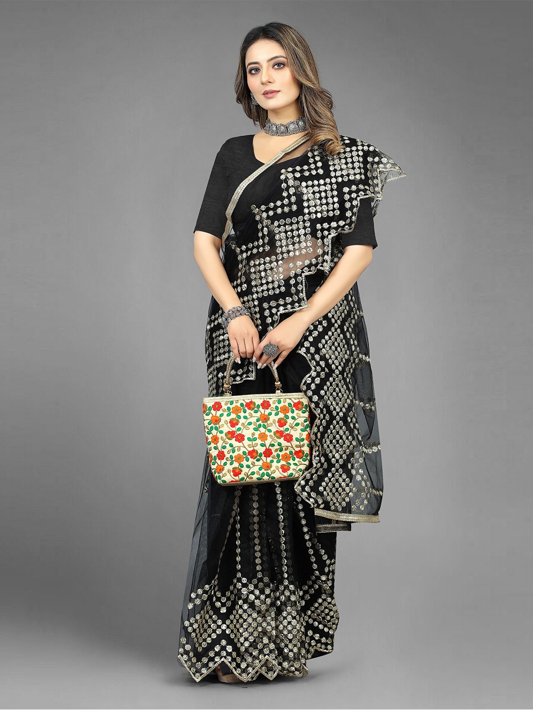 

BARKIYA CREATION Ethnic Motifs Embroidered Zari Net Saree, Black