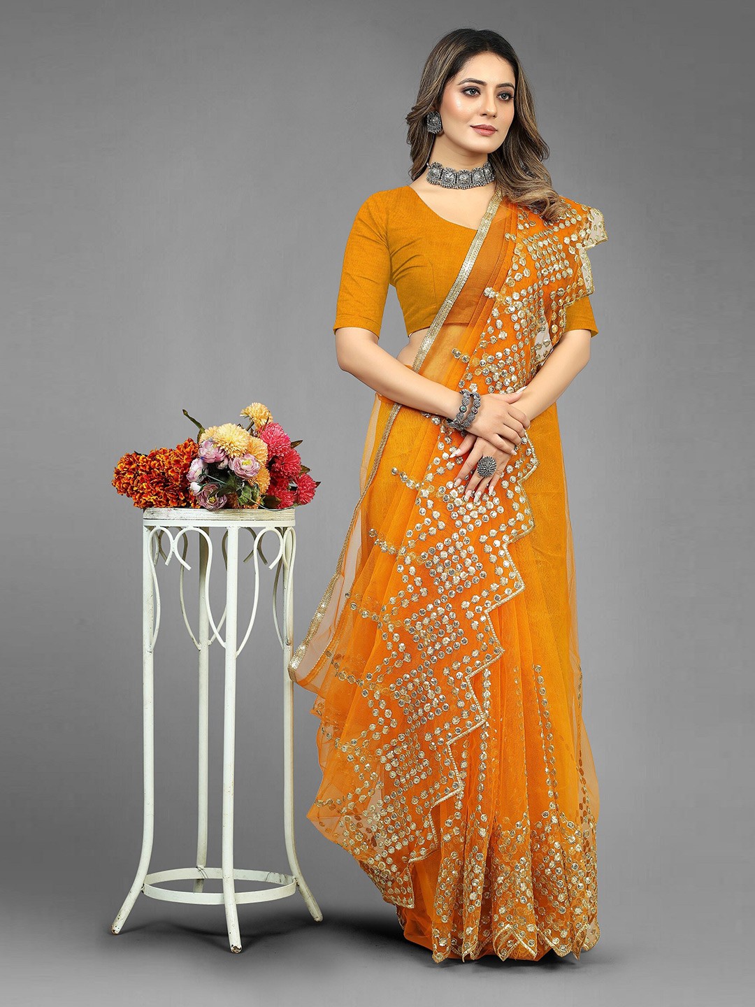 

BARKIYA CREATION Ethnic Motifs Embroidered Zari Lace Net Saree, Gold
