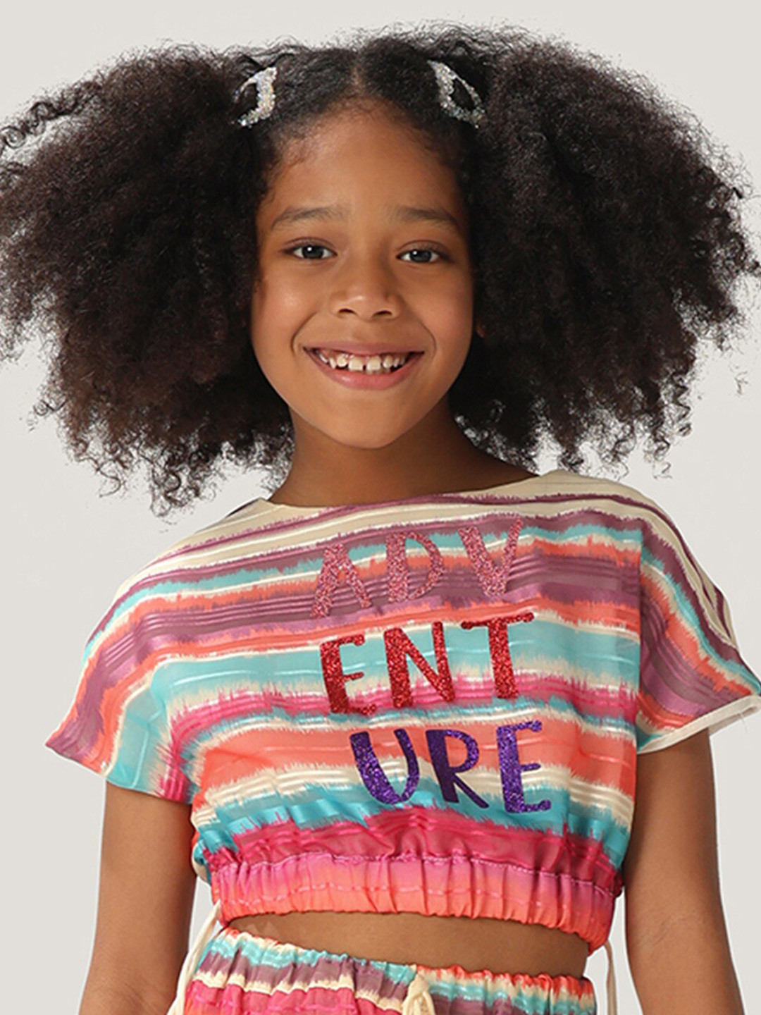 

One Friday Girls Horizontal Striped Extended Sleeves Tie-Ups Pure Cotton Crop Top, Blue