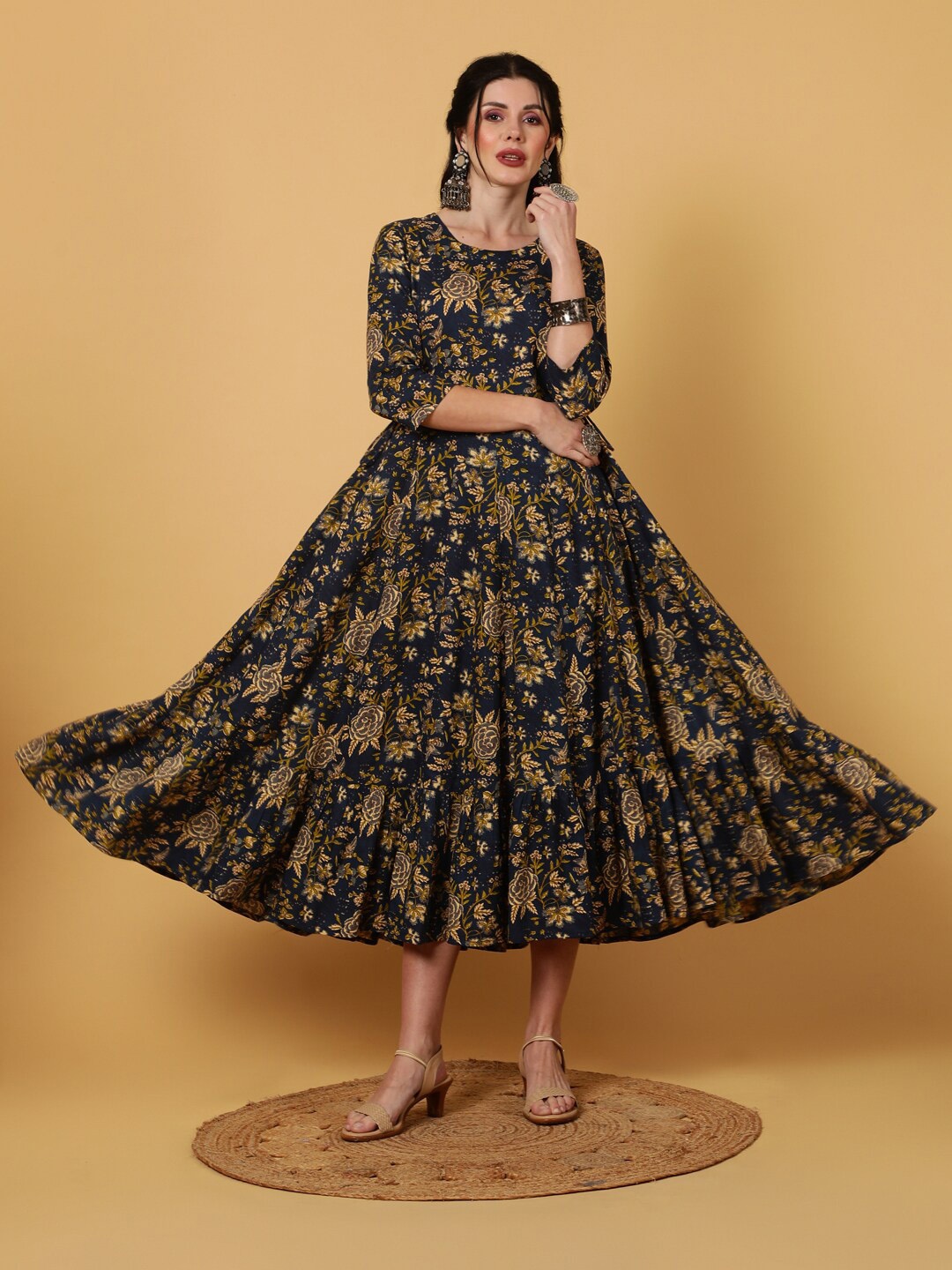 

KIMAYRA Printed Fit and Flare Midi Ethnic Dress, Navy blue