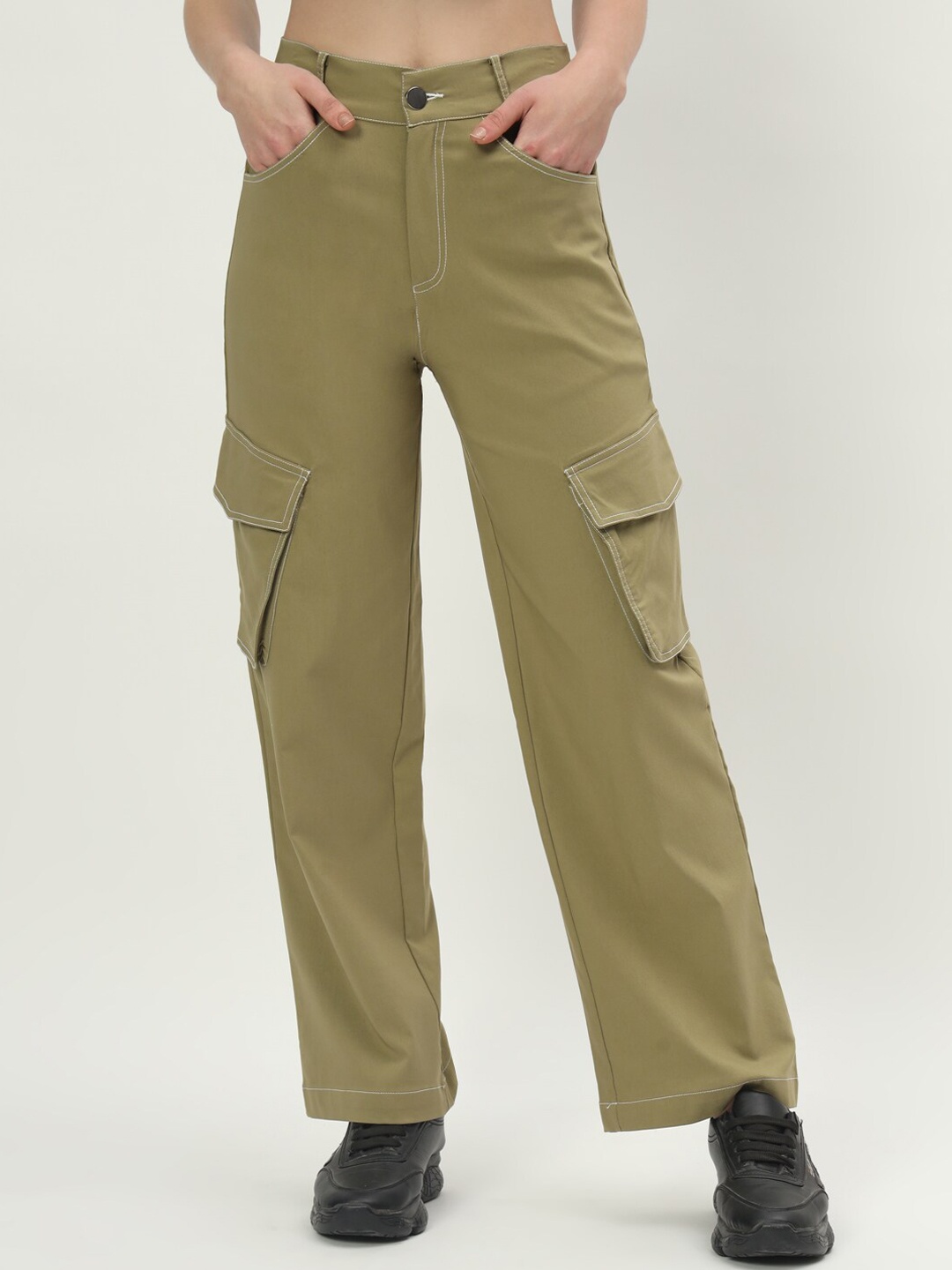 

VividArtsy Women Straight Fit Cargos Trousers, Beige