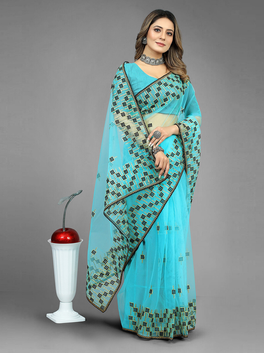 

BARKIYA CREATION Ethnic Motifs Embroidered Zari Net Saree, Turquoise blue
