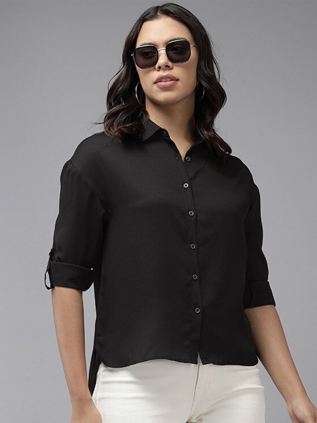 

Fab Star Women Classic Opaque Casual Shirt, Black