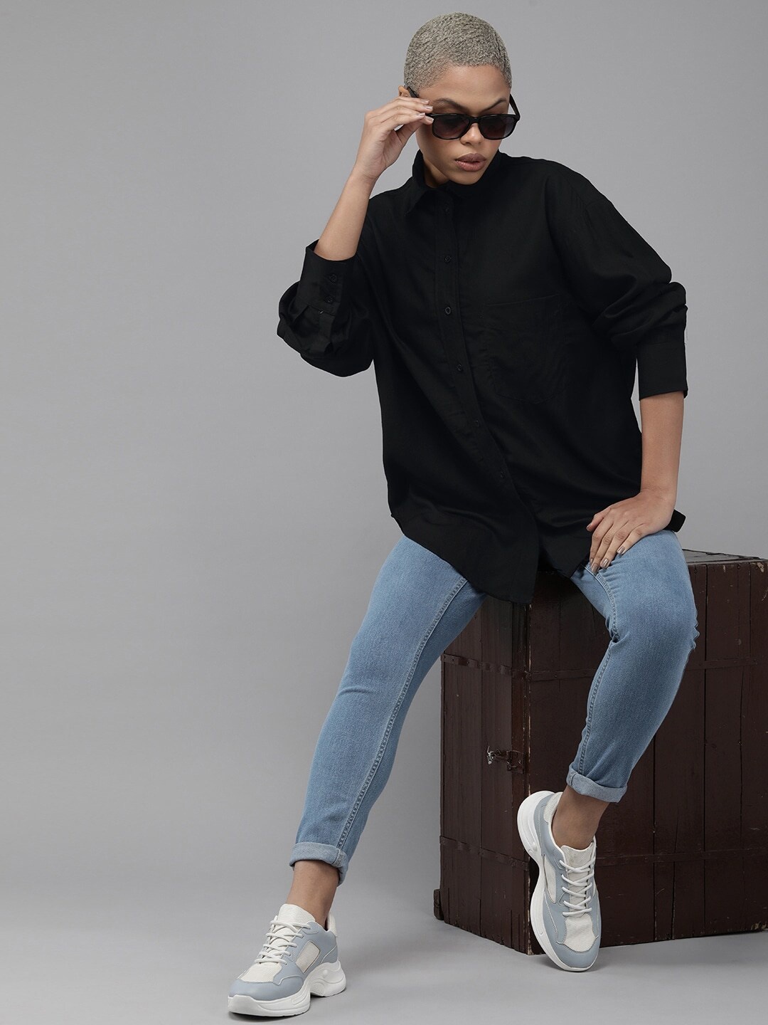 

Fab Star Classic Pure Cotton Oversized Casual Shirt, Black