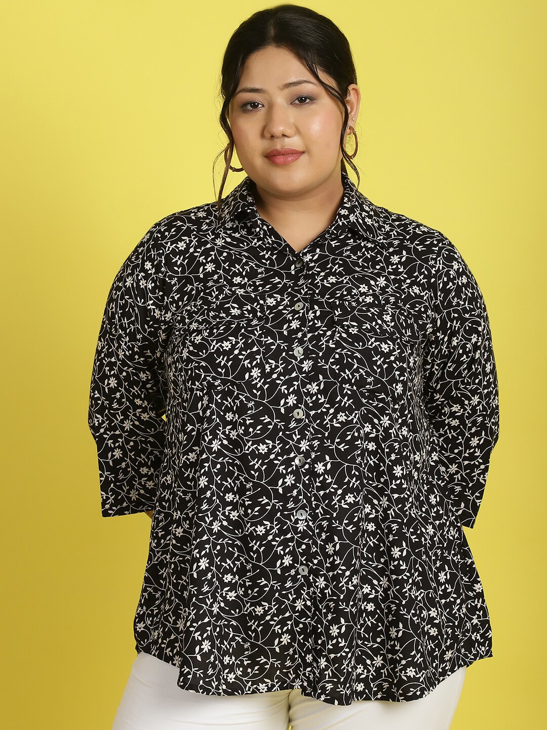 

theRebelinme Plus Size Floral Printed Casual Shirt, Black