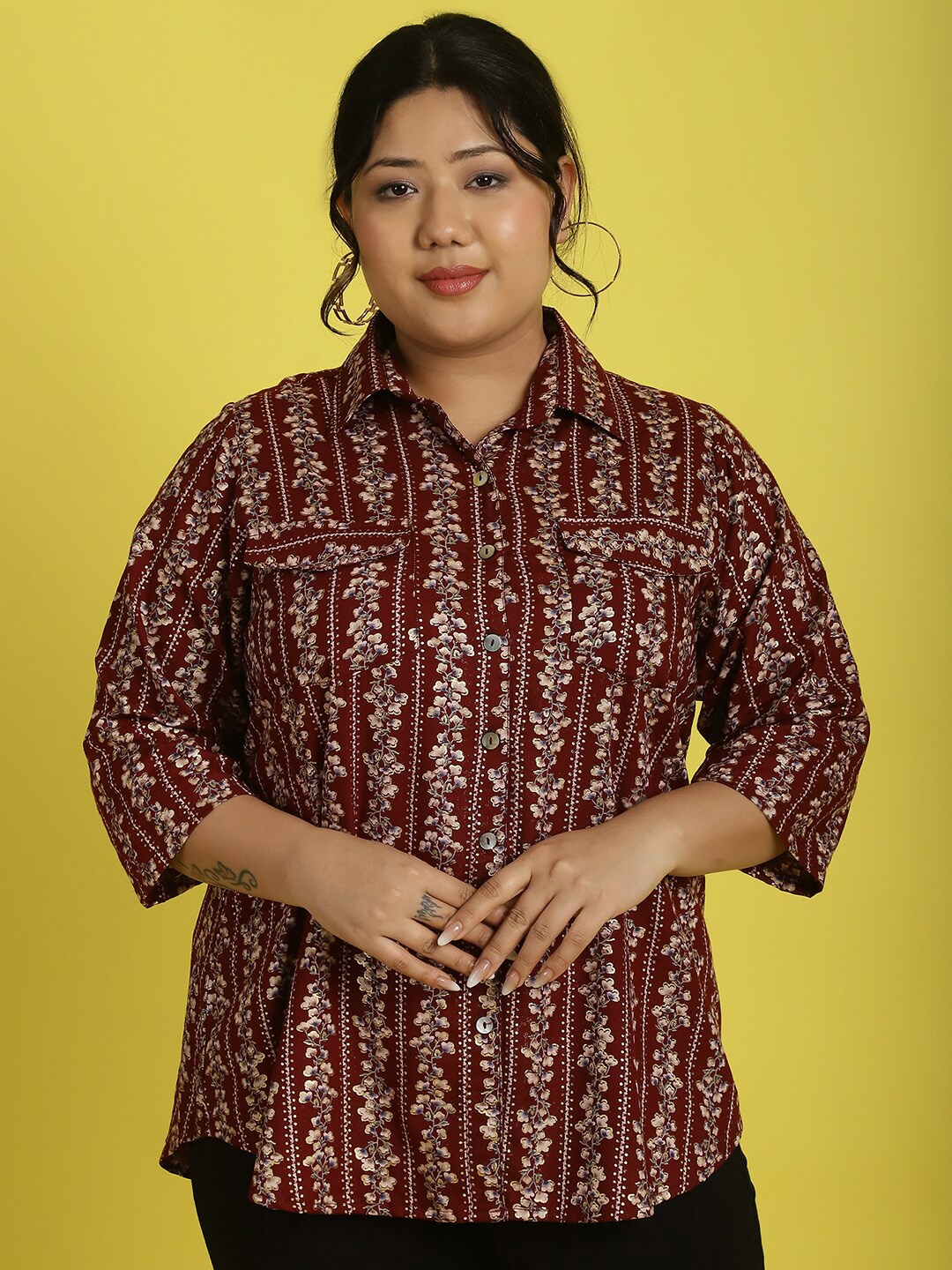 

theRebelinme Plus Size Floral Printed Casual Shirt, Maroon