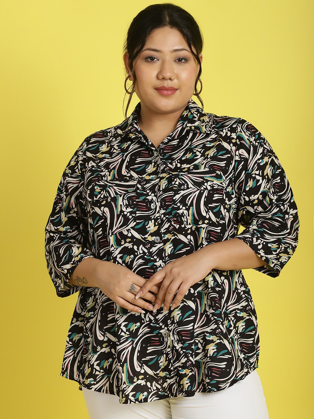 

theRebelinme Plus Size Abstract Printed Casual Shirt, Black