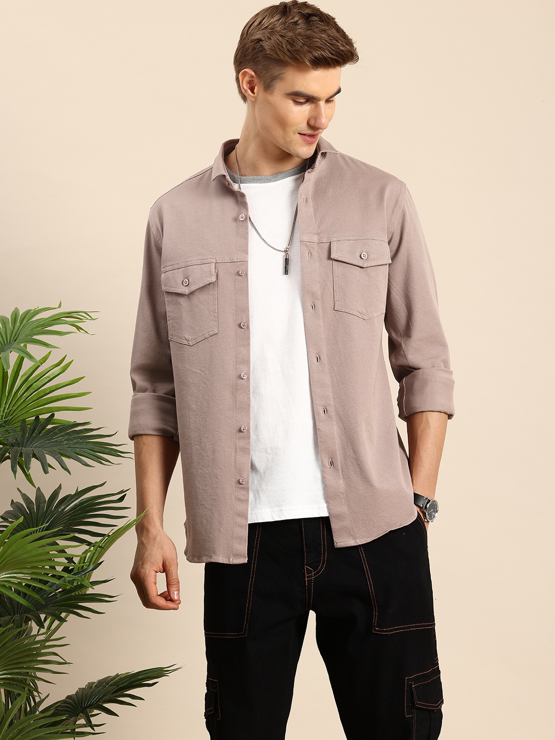 

Mast & Harbour Men Standard Solid Casual Shirt, Beige