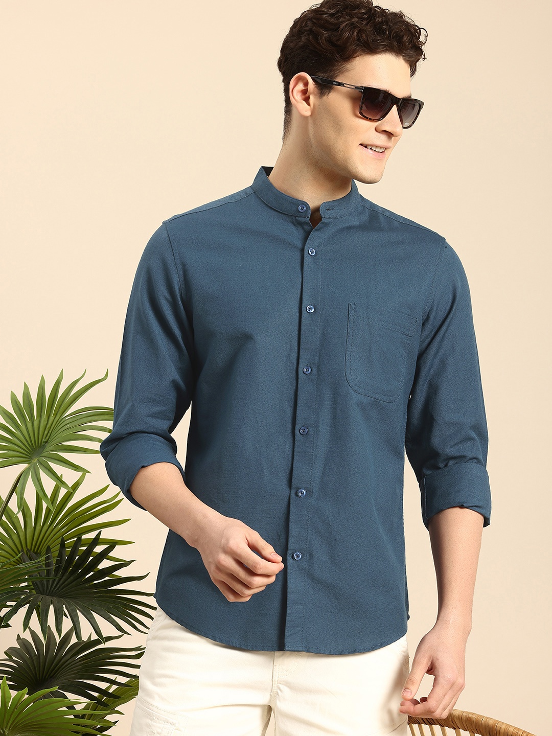 

Mast & Harbour Men Relaxed Mandarin Collar Linen Cotton Casual Shirt, Blue