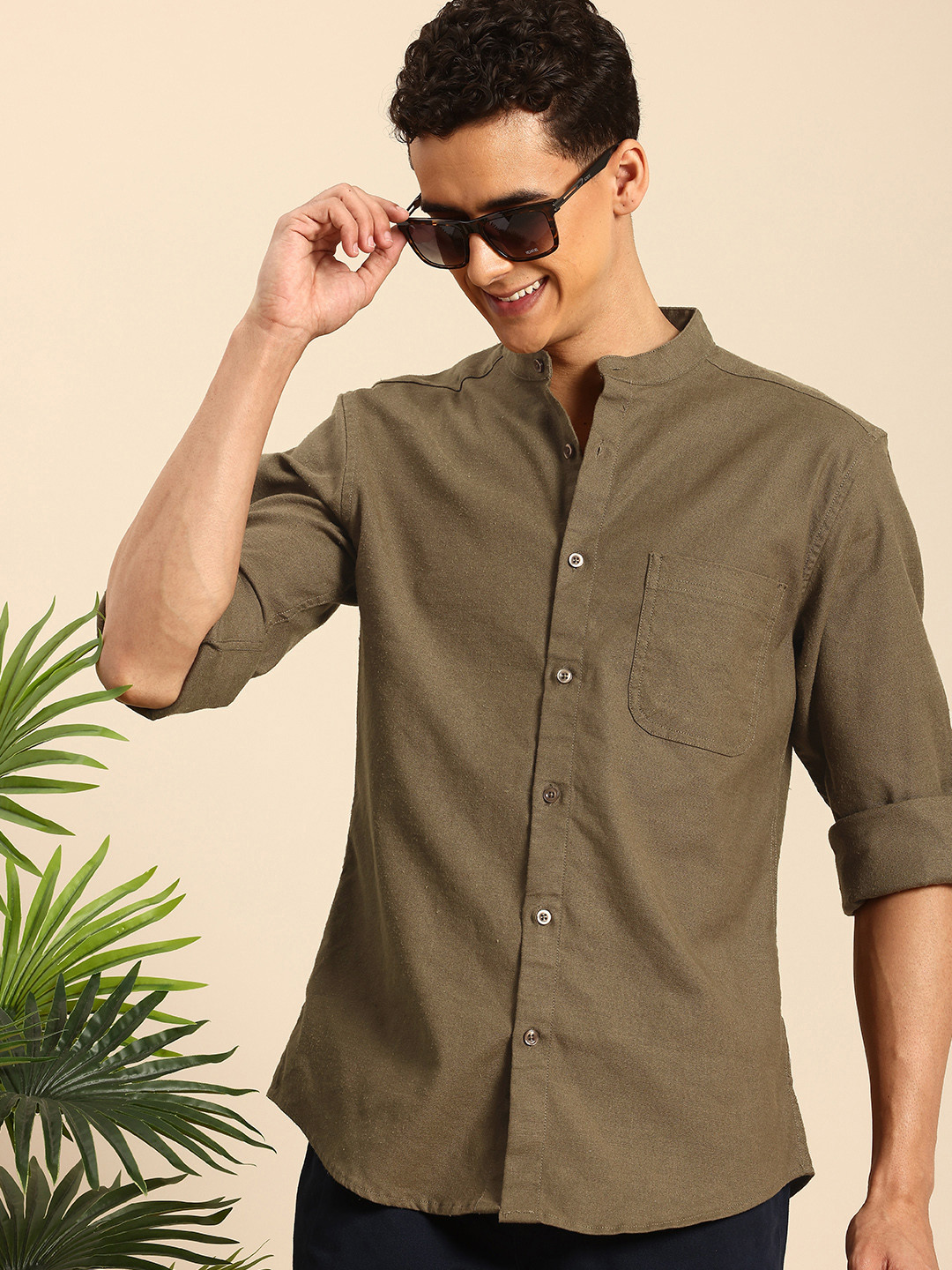 

Mast & Harbour Men Relaxed Mandarin Collar Linen Cotton Casual Shirt, Brown