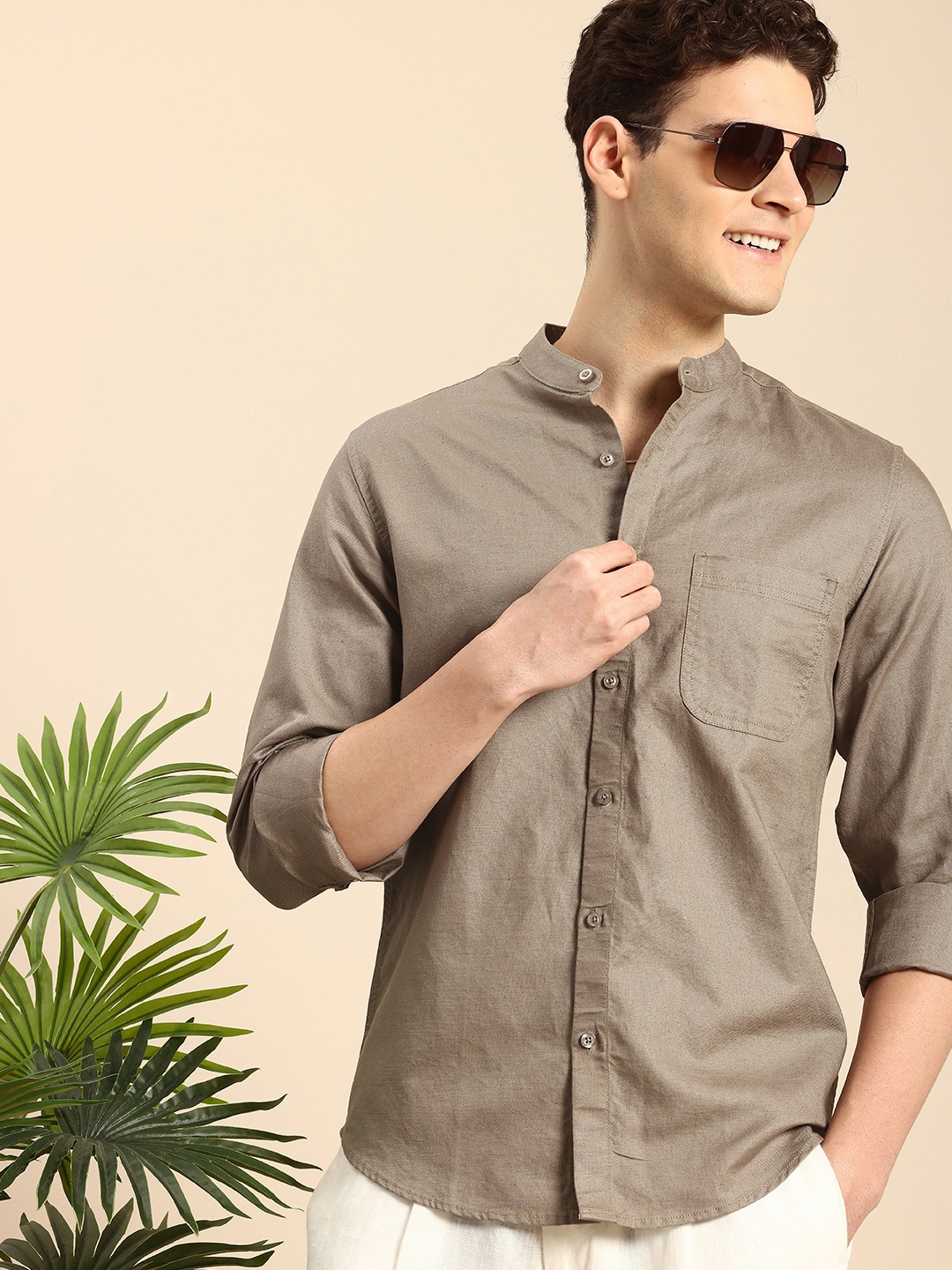 

Mast & Harbour Men Relaxed Mandarin Collar Linen Cotton Casual Shirt, Brown