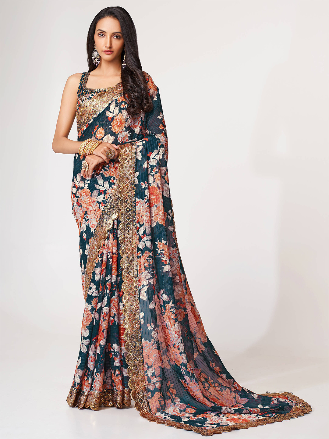 

FABPIXEL Floral Printed Sequinned Organza Saree, Blue