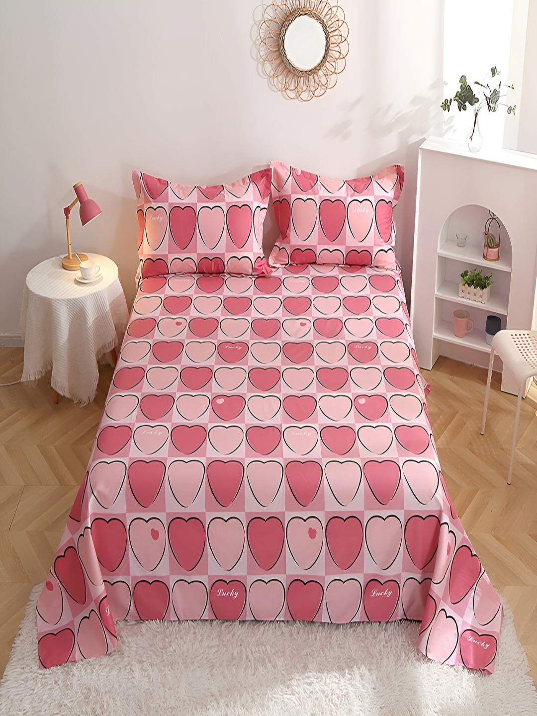 

JC HOME Pink & Black Geometric Cotton 210 TC Queen Bedsheet with 2 Pillow Covers