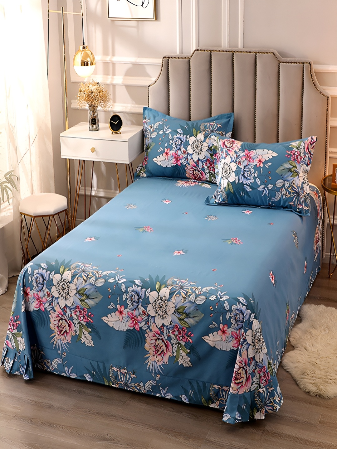 

JC HOME Blue & Pink Floral Cotton 230 TC King Bedsheet with 2 Pillow Covers