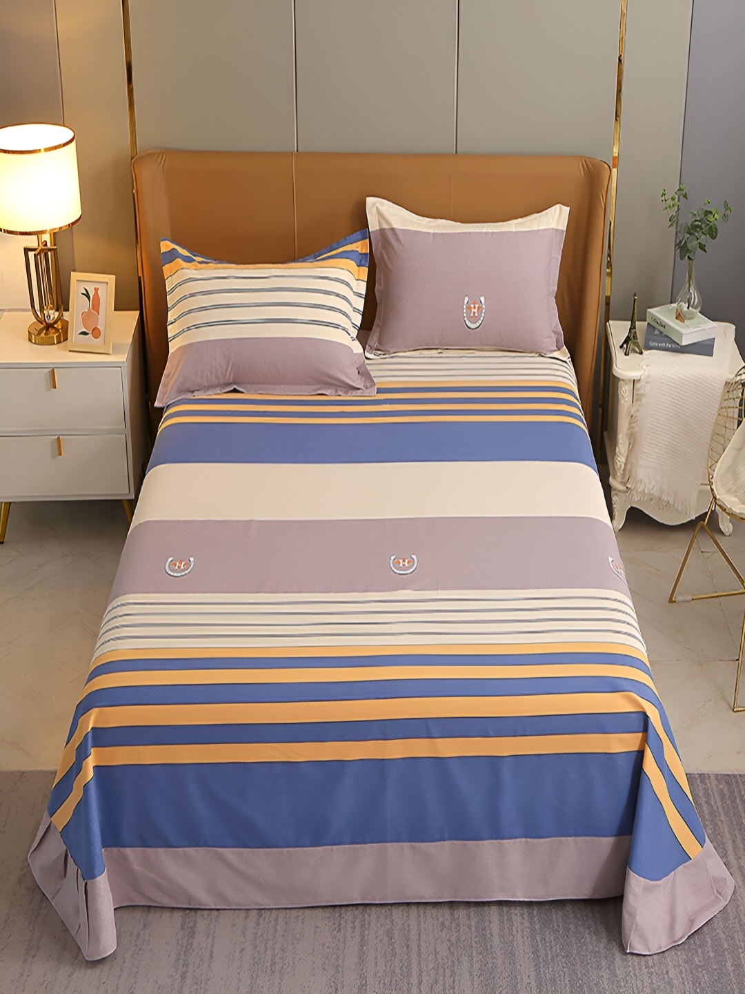 

JC HOME Beige & Blue Striped Cotton 220 TC King Bedsheet with 2 Pillow Covers