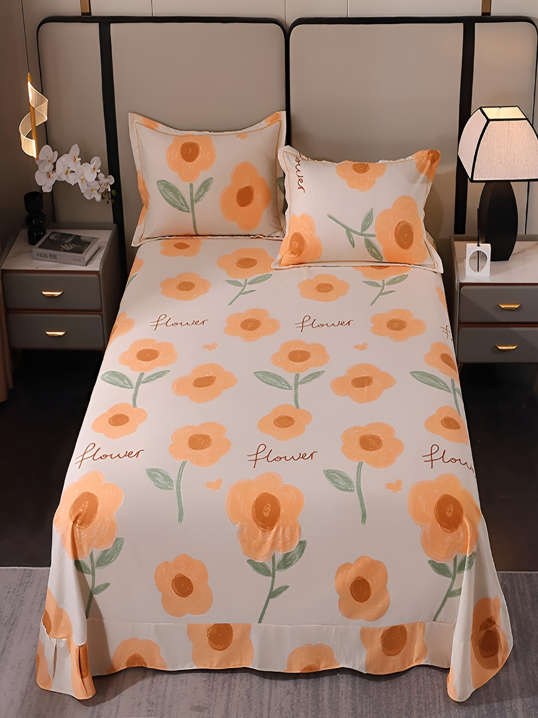 

JC HOME White & Orange Floral 220 TC Cotton King Bedsheet with 2 Pillow Covers