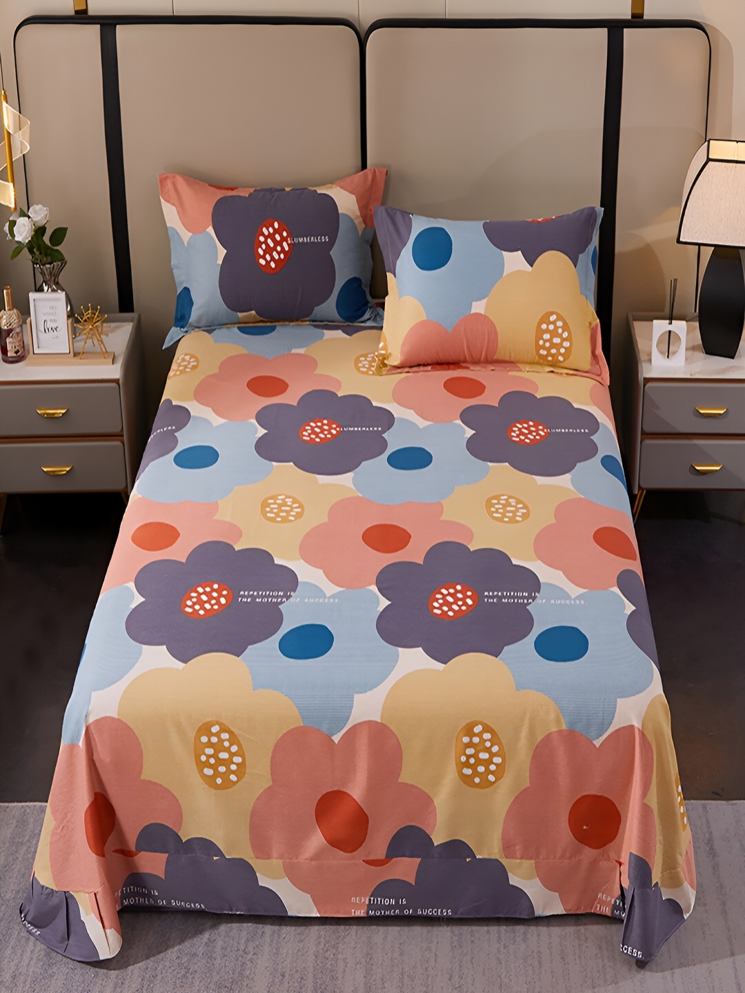 

JC HOME Blue & Yellow Floral 220 TC Cotton King Bedsheet with 2 Pillow Covers