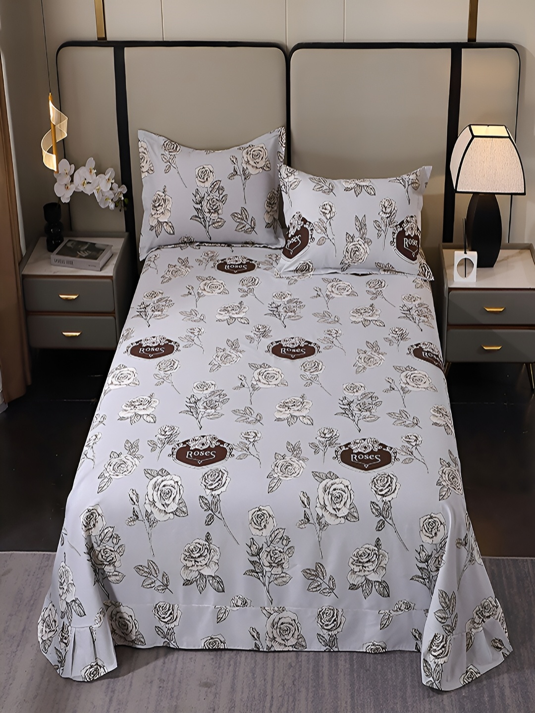 

JC HOME Grey & White Floral 220 TC Cotton King Bedsheet with 2 Pillow Covers