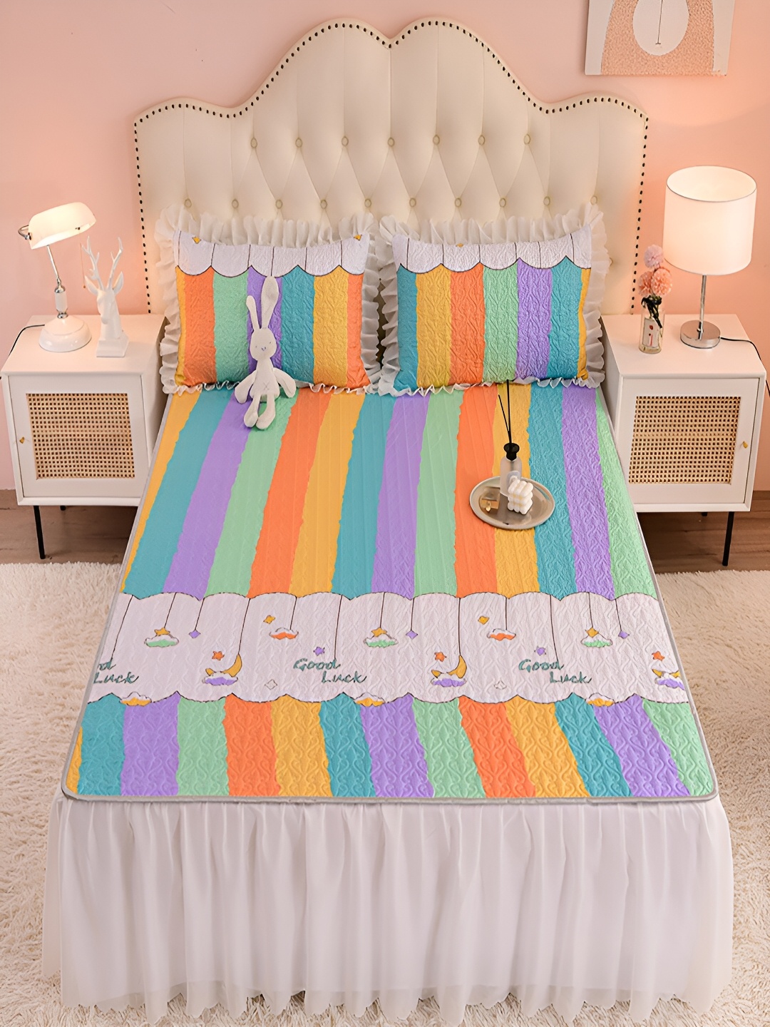 

JC HOME Orange & Yellow Striped 160 TC Fitted King Bedsheet with 2 Pillow Covers