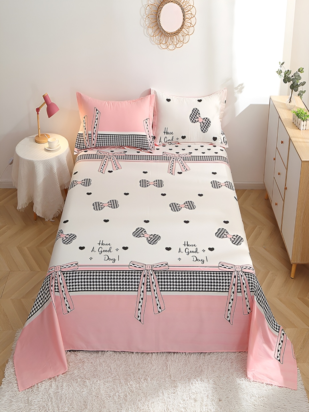 

JC HOME White & Pink Graphic 210 TC Cotton Queen Bedsheet with 2 Pillow Covers