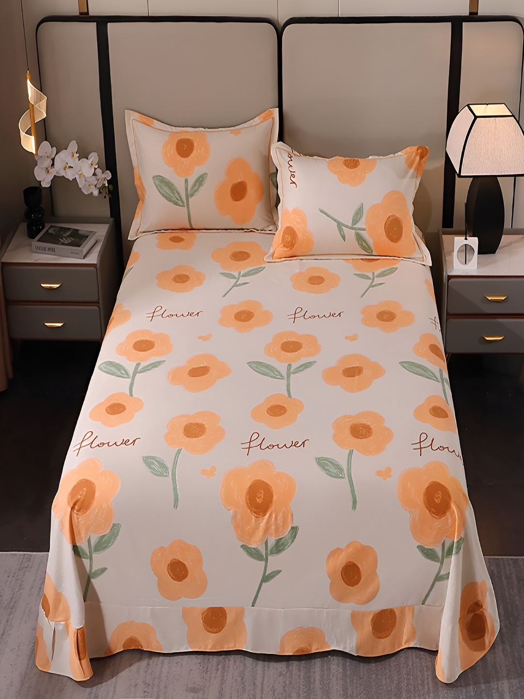 

JC HOME White & Peach Floral 220 TC Cotton King Bedsheet with 2 Pillow Covers