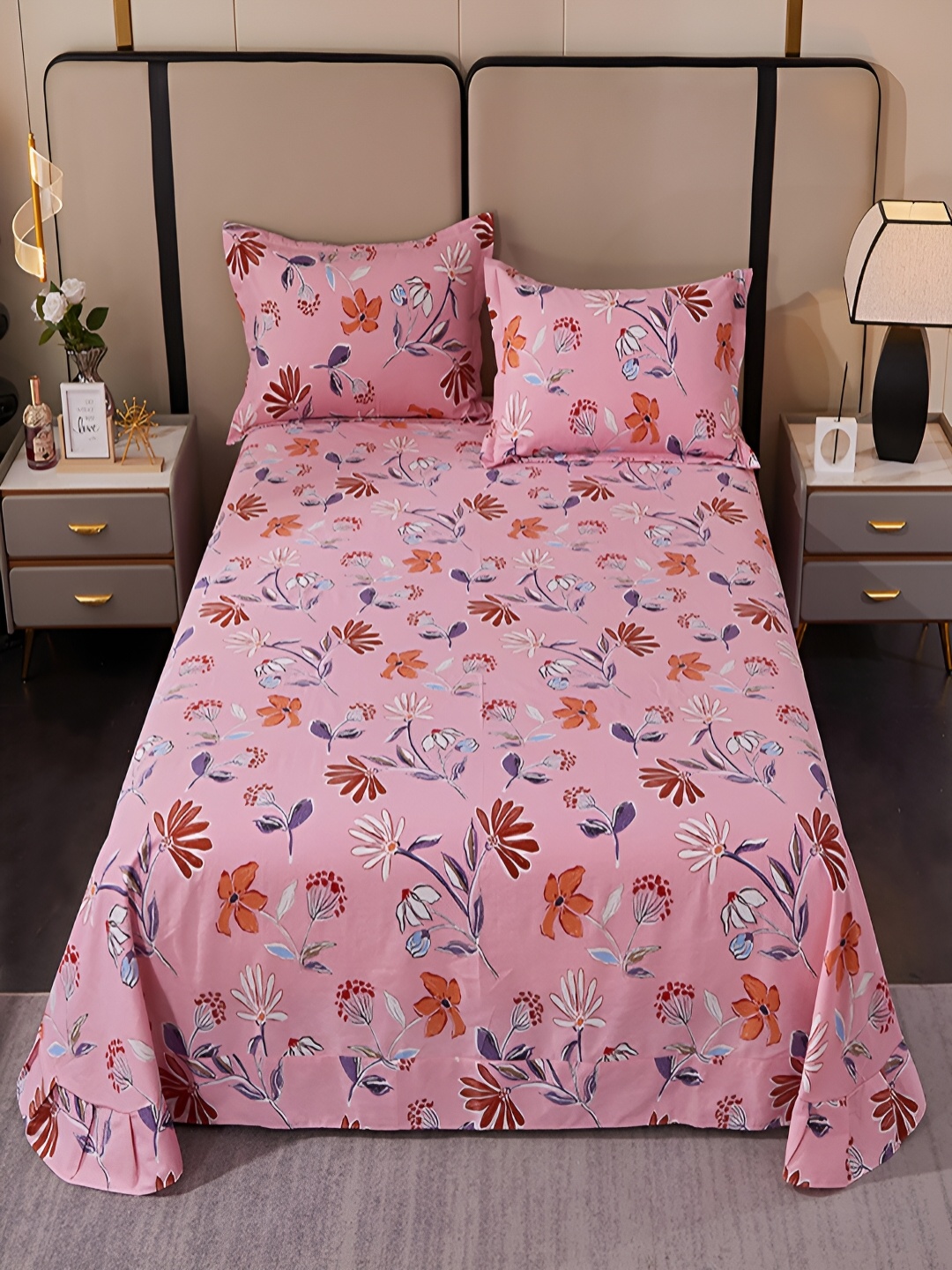 

JC HOME Pink & Blue Floral Cotton 220 TC King Bedsheet With 2 Pillow Covers