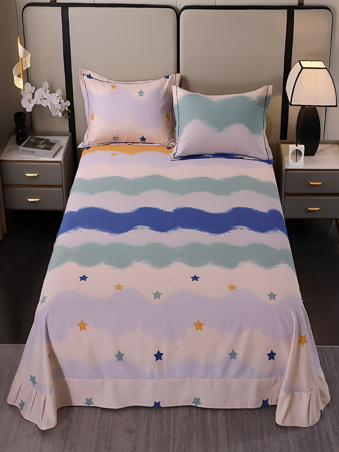 

JC HOME Blue & Green Striped Cotton 220 TC King Bedsheet With 2 Pillow Covers